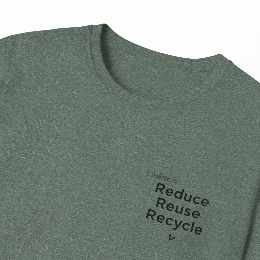 Unisex T-shirt in dark green with crew neck and small Reduce Reuse Recycle print