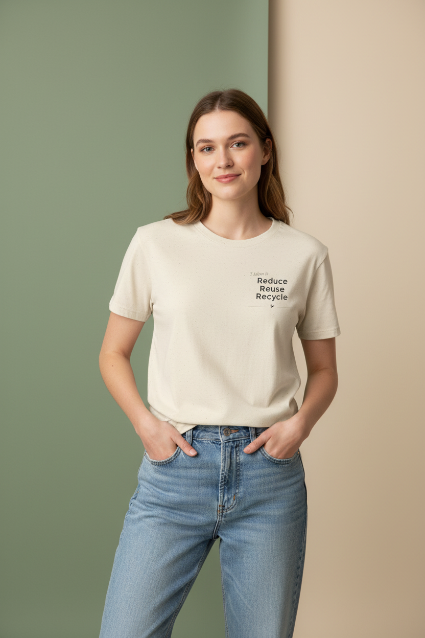 Unisex natural T-shirt with 'Reduce Reuse Recycle' chest graphic