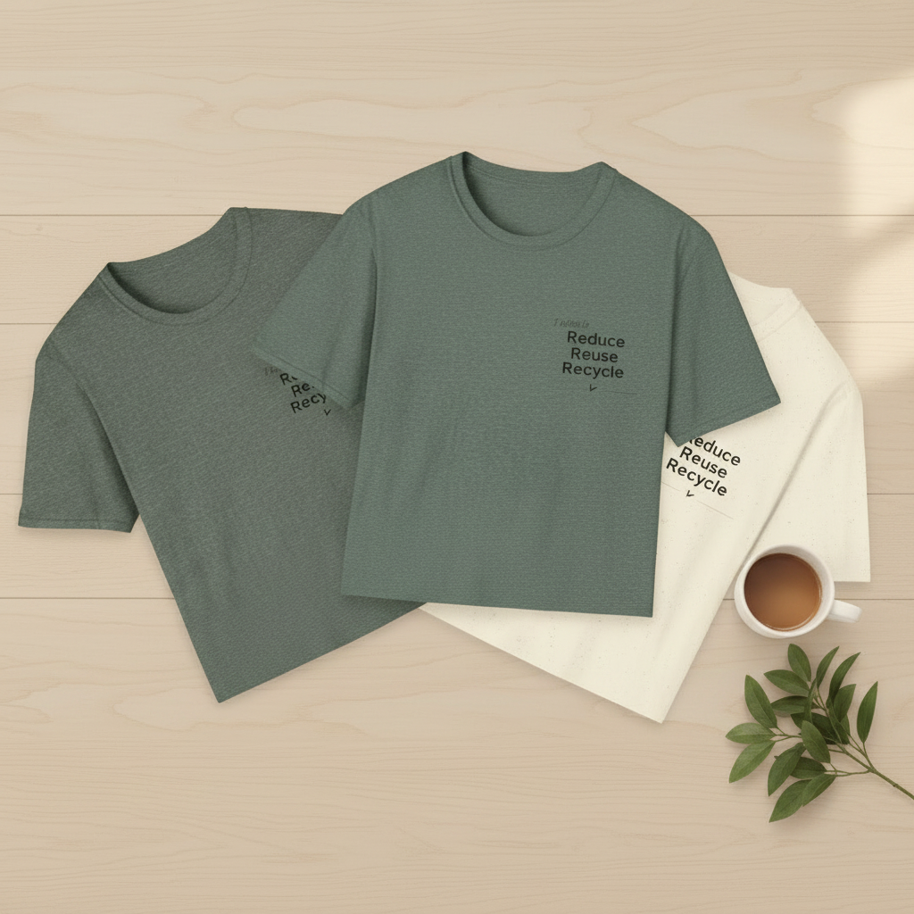 Green and cream crew-neck T-shirts with Reduce Reuse Recycle graphic