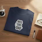 Navy crewneck graphic T-shirt with light logo 'REEL COOL DAD', EST 2024