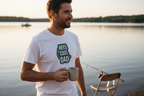 White Cool Dad coffee mug graphic T-shirt with 'Keep Cool Dad' chest print