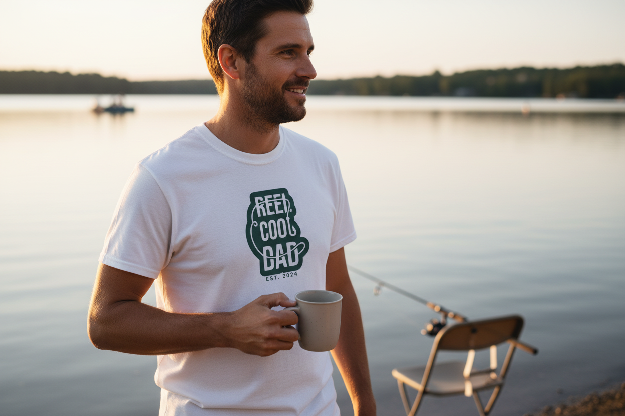 White Cool Dad coffee mug graphic T-shirt with 'Keep Cool Dad' chest print