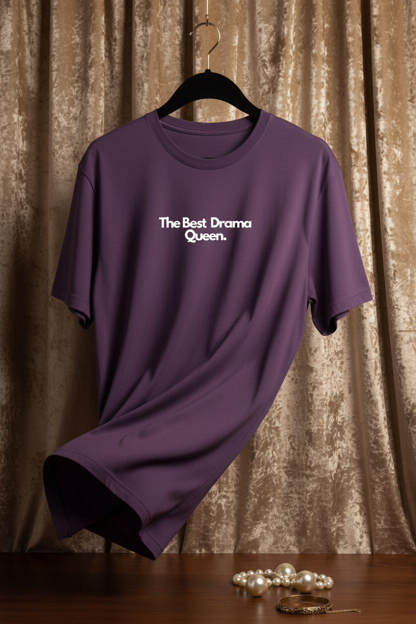 Purple custom text T-shirt with “The Best Drama Queen.” print on the chest.