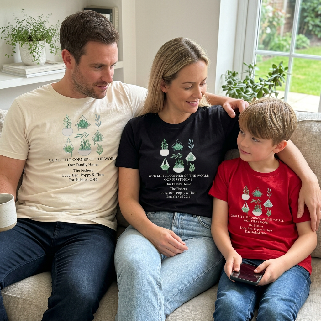 Black botanical t-shirt worn by family; potted plant graphic with “Our little corner of the world”