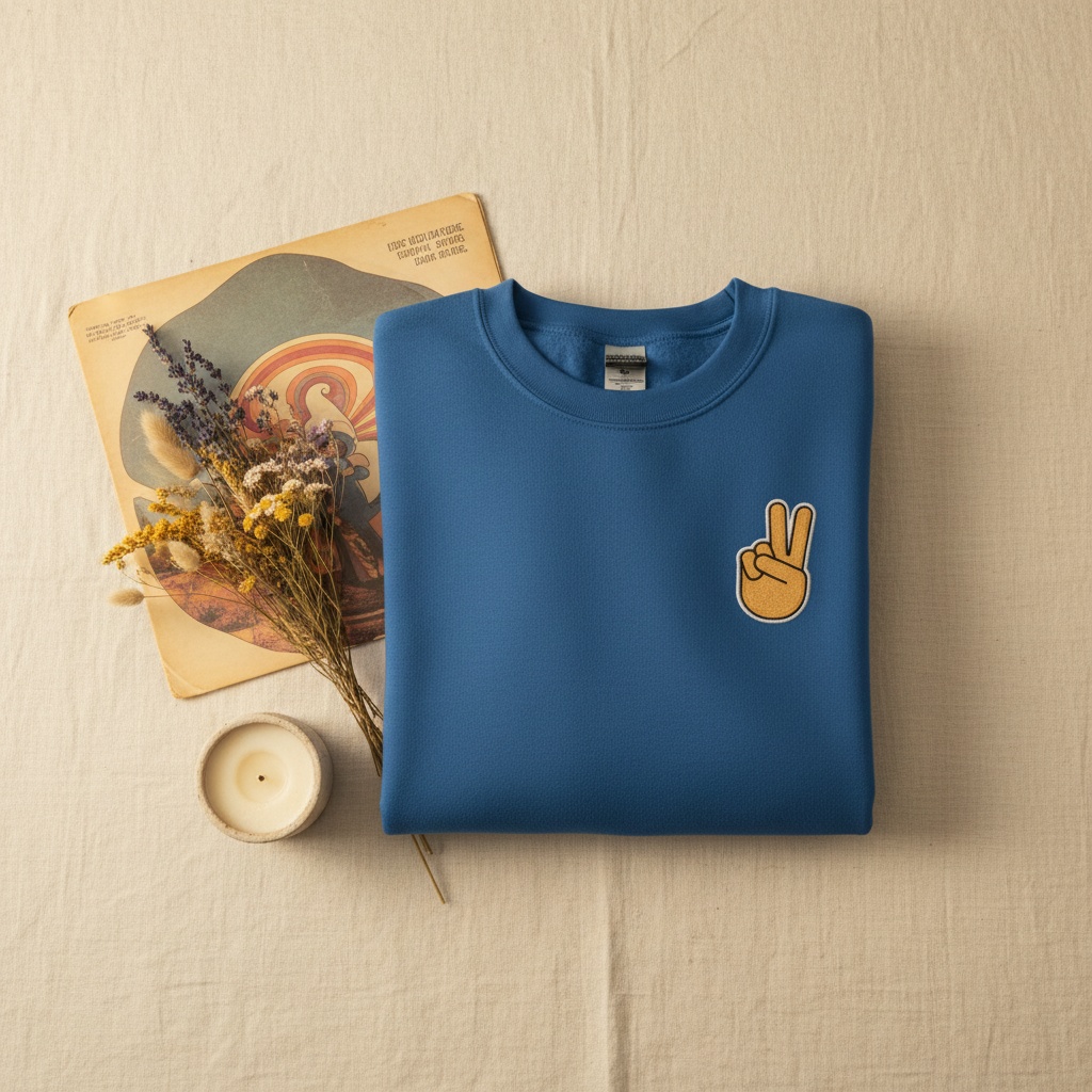 Royal blue crewneck sweatshirt with peace-sign hand embroidery on the chest