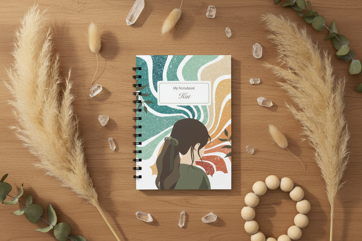 Retro girl notebook with boho natural elements