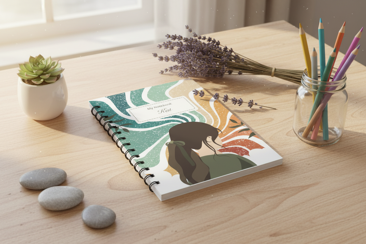 Retro notebook on desk with plants and pencils