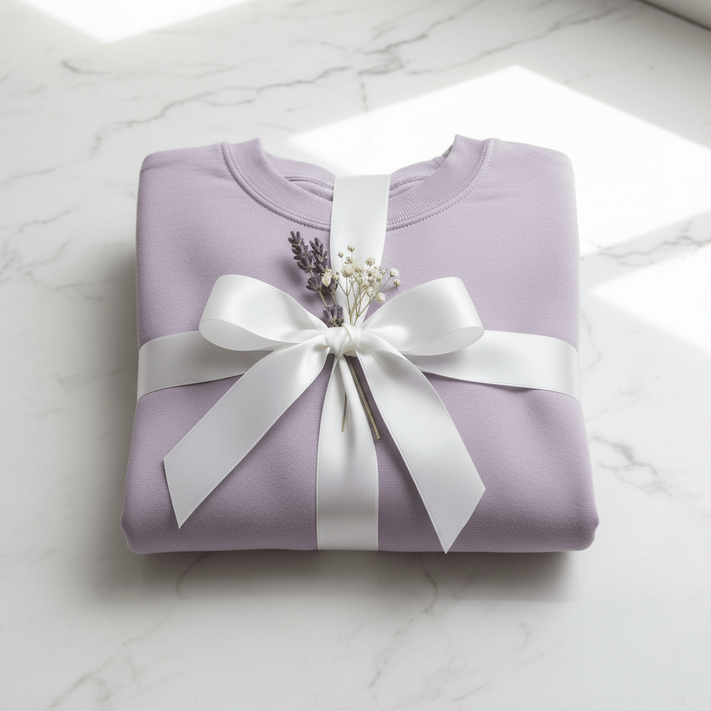 Lavender woodland birthday animals sweatshirt, tied with a white bow over the front
