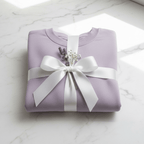 Lavender woodland birthday animals sweatshirt, tied with a white bow over the front