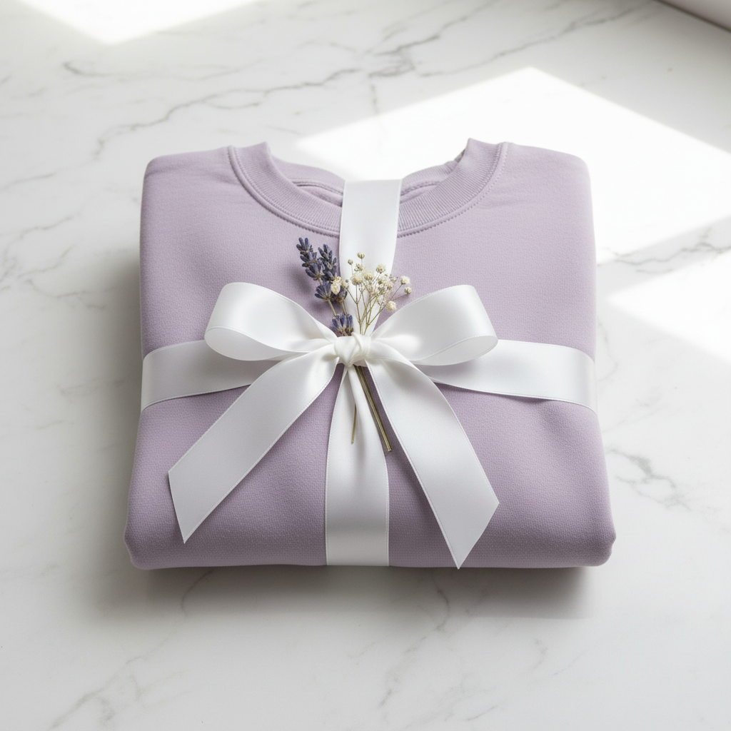 Lavender woodland birthday animals sweatshirt, tied with a white bow over the front