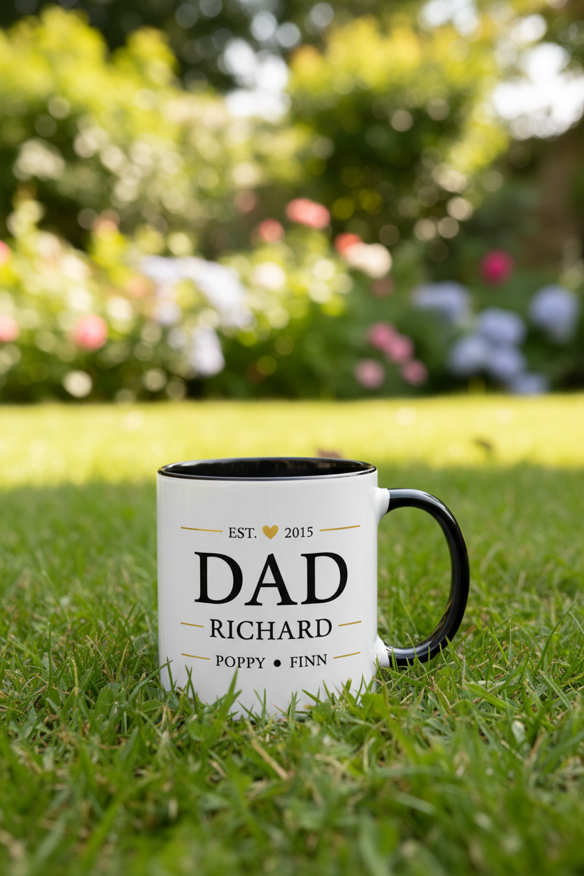Two-tone dad coffee mug with black rim and handle; “DAD” and “RICHARD” text.