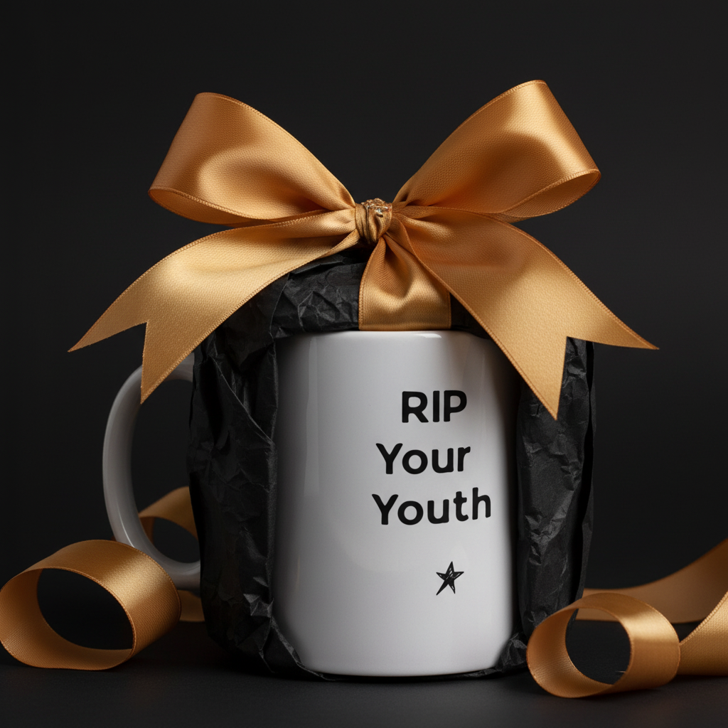 Coffee mug wrapped in crinkled black paper with gold bow and ribbon, text RIP Your Youth