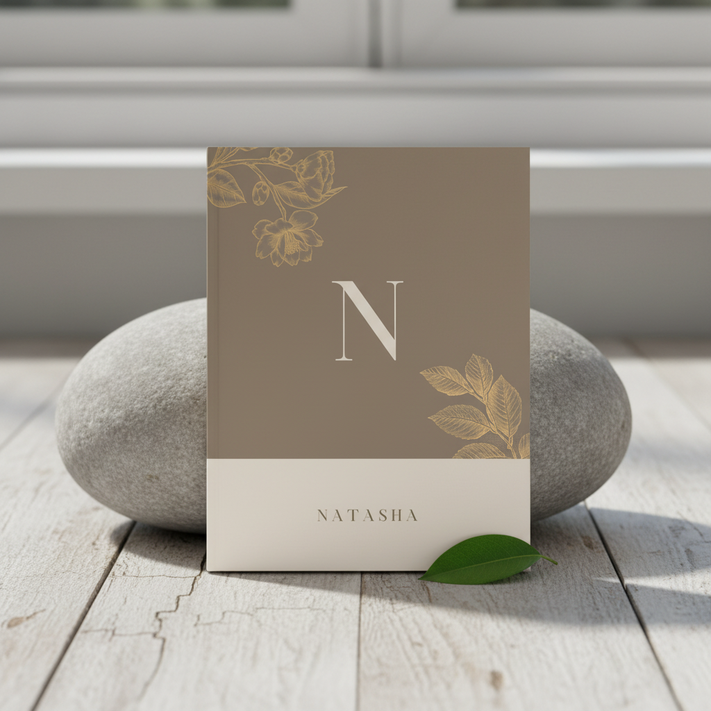 A5 notebook with taupe cover, gold monogram N, floral corner details, and spiral binding.