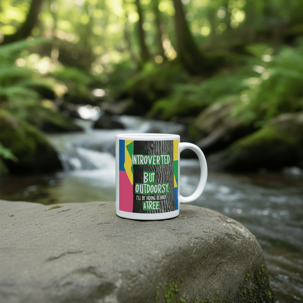 White ceramic mug with colorful outdoor-themed text graphic and green “Outdoorsy” panel.