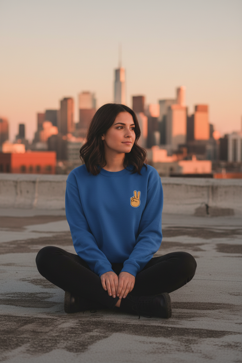 Royal blue sweatshirt on seated model with peace-sign hand embroidery at the chest