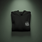 Black folded hoodie with front pocket and small chest logo graphic.