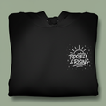 Black hoodie with front pocket and chest logo graphic.
