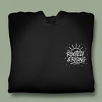 Black hoodie with front pocket and chest logo graphic.