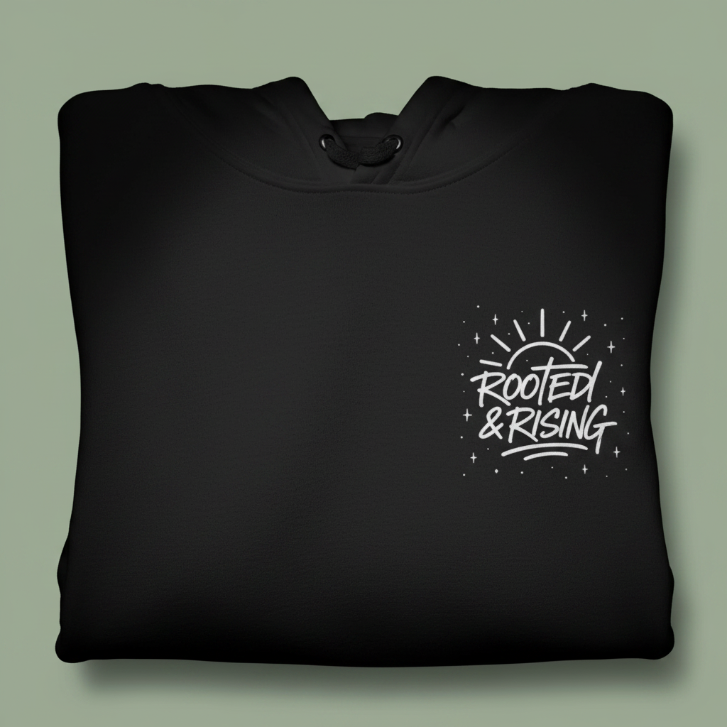 Black hoodie with front pocket and chest logo graphic.