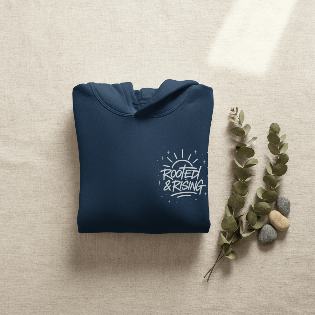 Navy folded hoodie with front pocket and chest logo graphic.