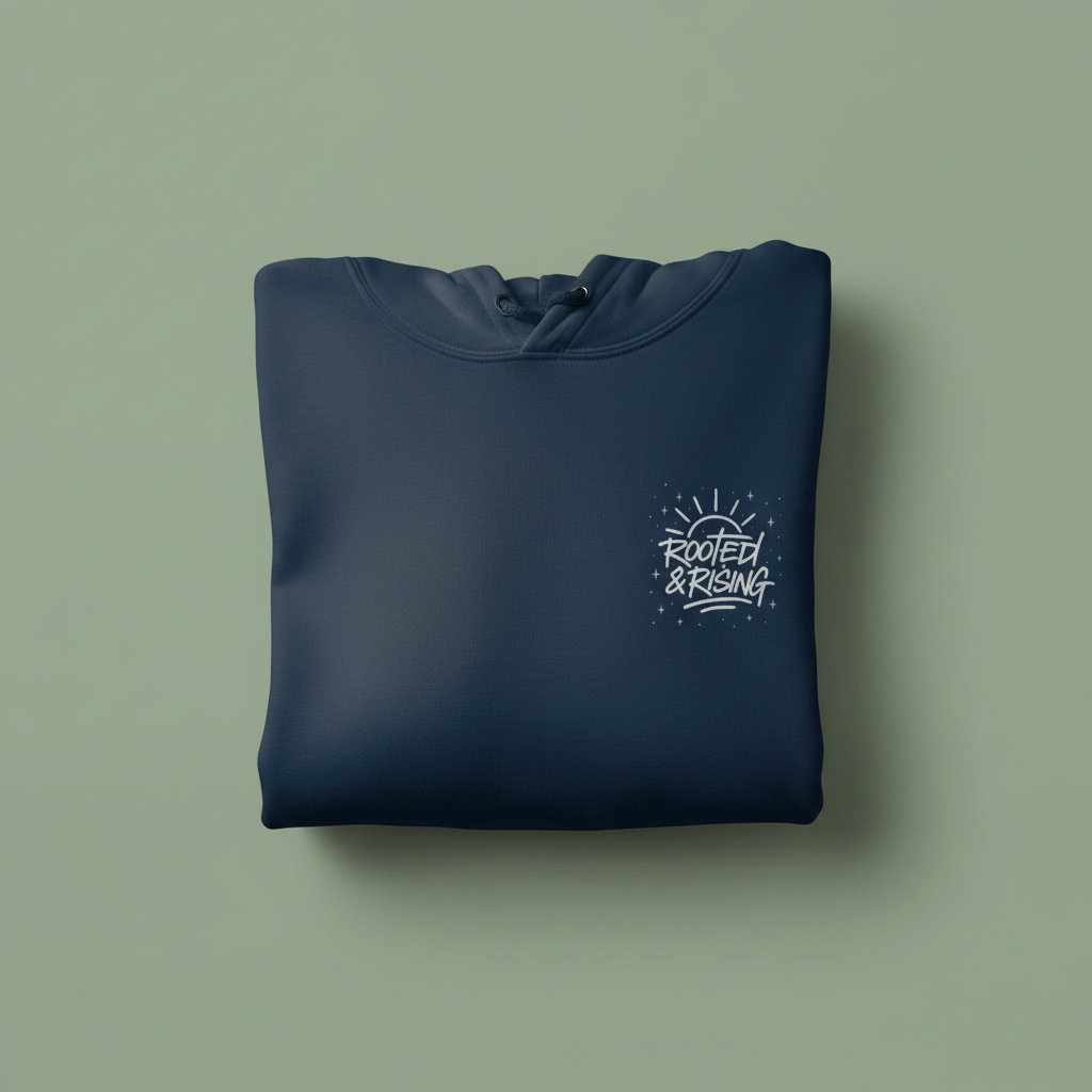 Dark blue folded hoodie with front pocket and chest logo graphic.