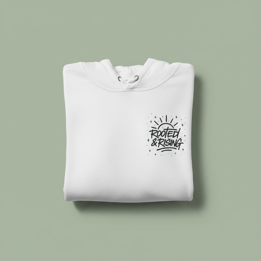 White folded hoodie with front pocket and chest logo graphic.