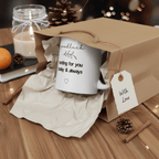 White ceramic mug in kraft gift box with tag, “goodluck rooting for you today & always”