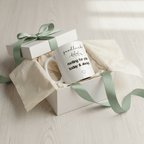 White ceramic mug in gift box with green ribbon, “goodluck rooting for you today & always”