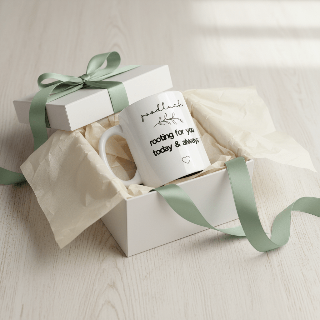White ceramic mug in gift box with green ribbon, “goodluck rooting for you today & always”