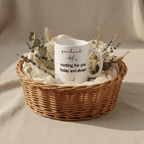 White ceramic mug in wicker gift basket, “goodluck rooting for you today and always”
