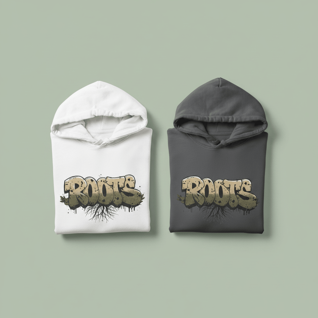 Pair of graphic hoodies in white and dark gray with Roots text front print