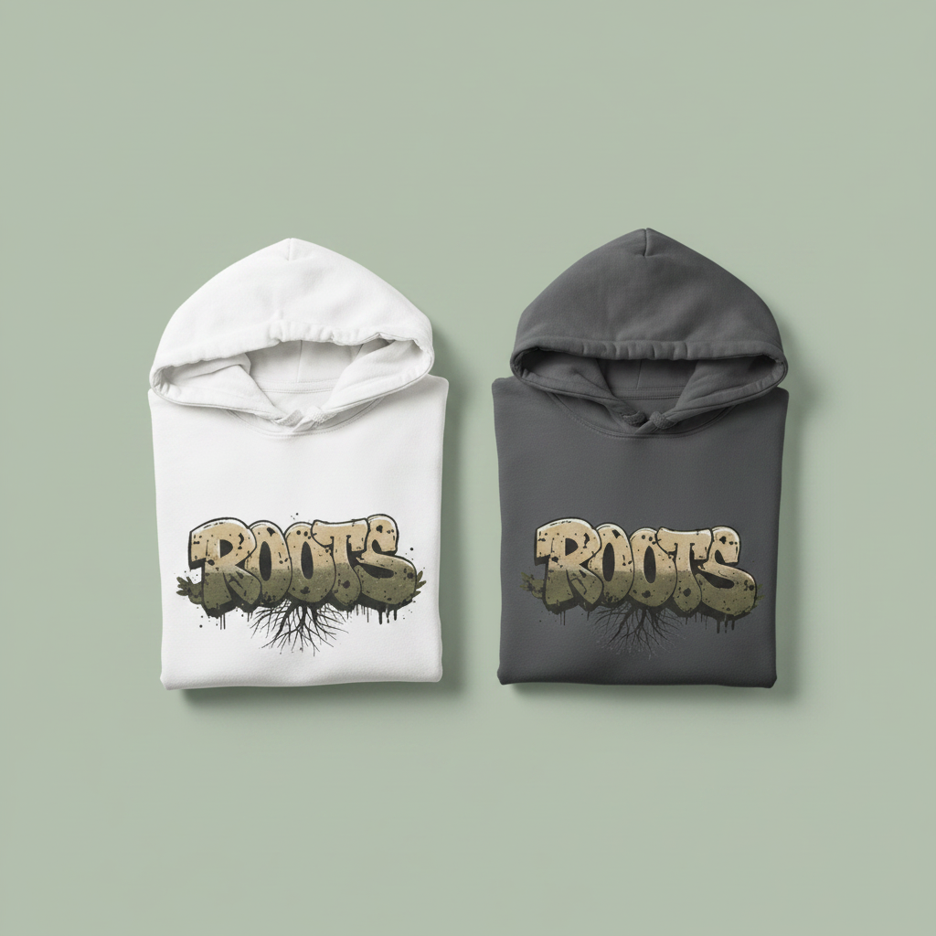 Pair of graphic hoodies in white and dark gray with Roots text front print