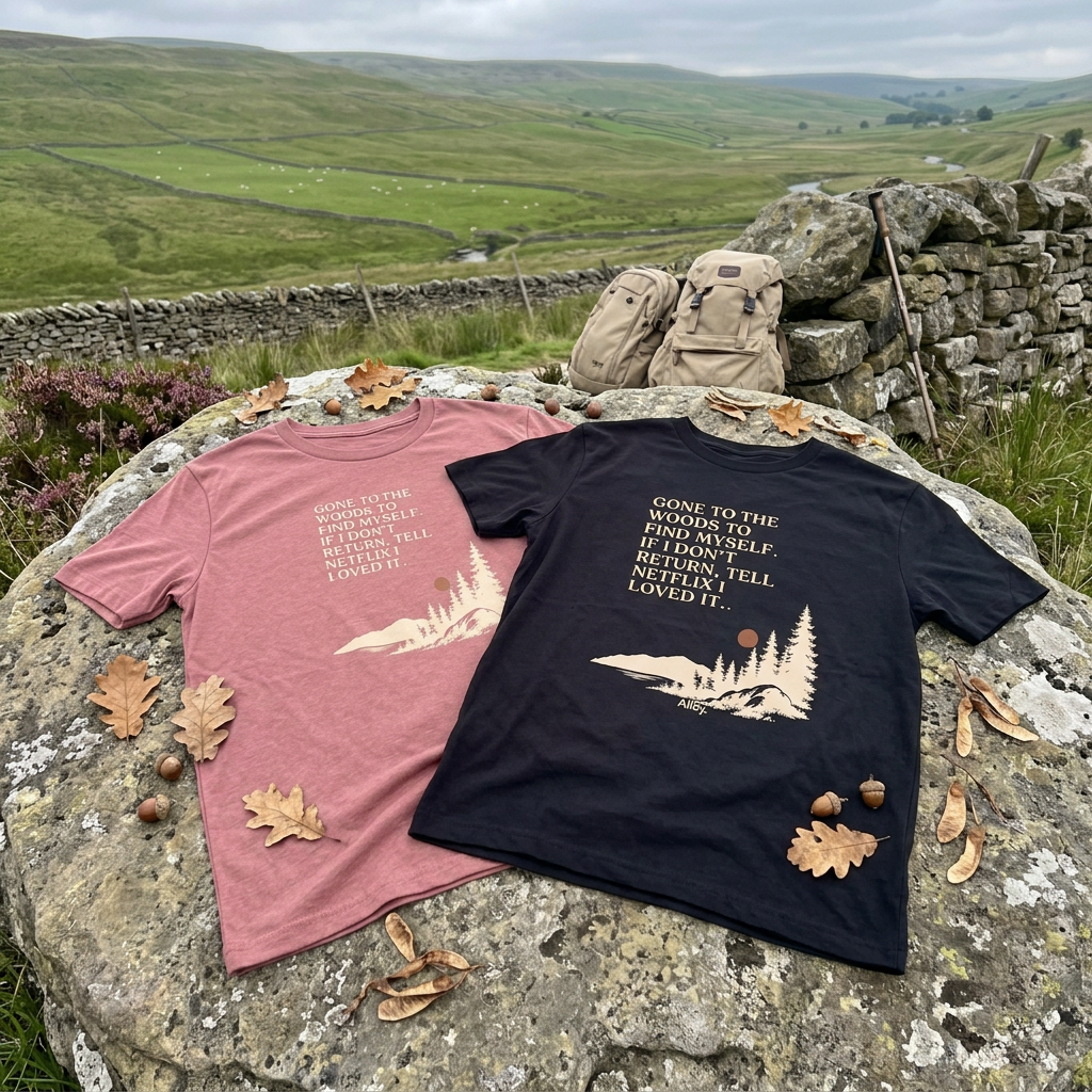 Pink and navy hiking t-shirts with woodland graphic and quote, laid on rocks