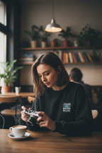 Black sweatshirt with embroidered camera patch and ROSE name