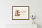 Framed canvas print with illustrated home and red front door, potted plants, and house text
