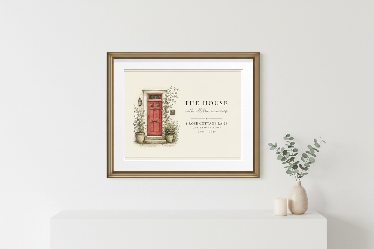 Framed canvas print with illustrated home and red front door, potted plants, and house text