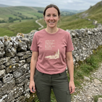 Mauve hiking t-shirt with woodland graphic and quote, worn outdoors