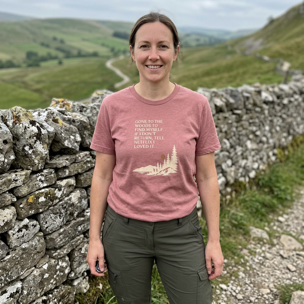 Mauve hiking t-shirt with woodland graphic and quote, worn outdoors