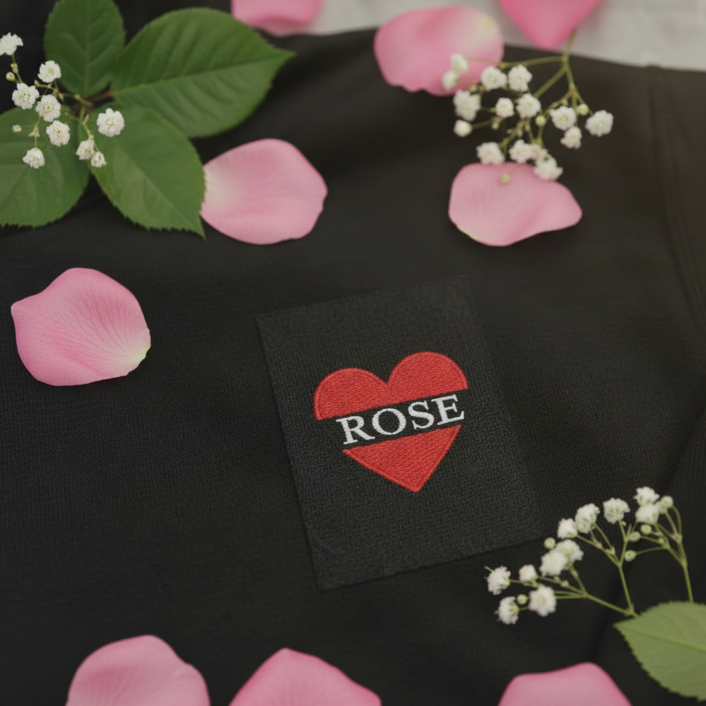 Black personalised embroidered hoodie with ROSE heart patch on chest