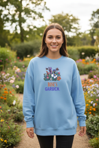 Sky blue crewneck sweatshirt with floral graphic and 'ROSE'S GARDEN' print