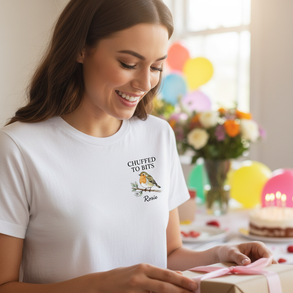 Personalised white T-shirt with bird graphic and custom name 'Rosie' on chest