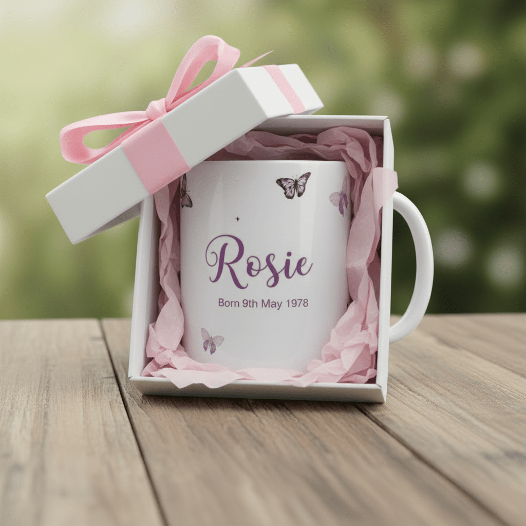 Personalised butterfly mug in gift box with name Rosie and birth date, pink ribbon