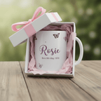 Personalised butterfly mug in gift box with name Rosie and birth date, pink ribbon