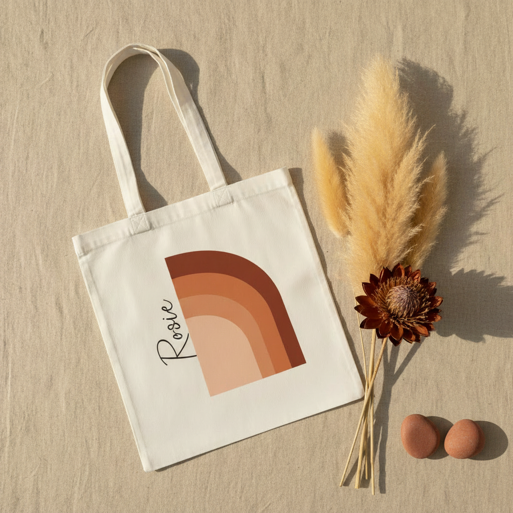White cotton tote bag with terracotta abstract arch print and black signature on front