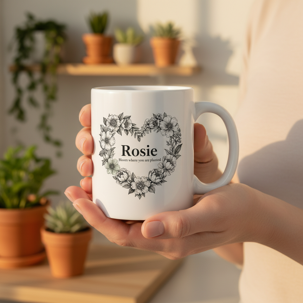 White ceramic mug held in hand with floral heart wreath and name Rosie, printed front