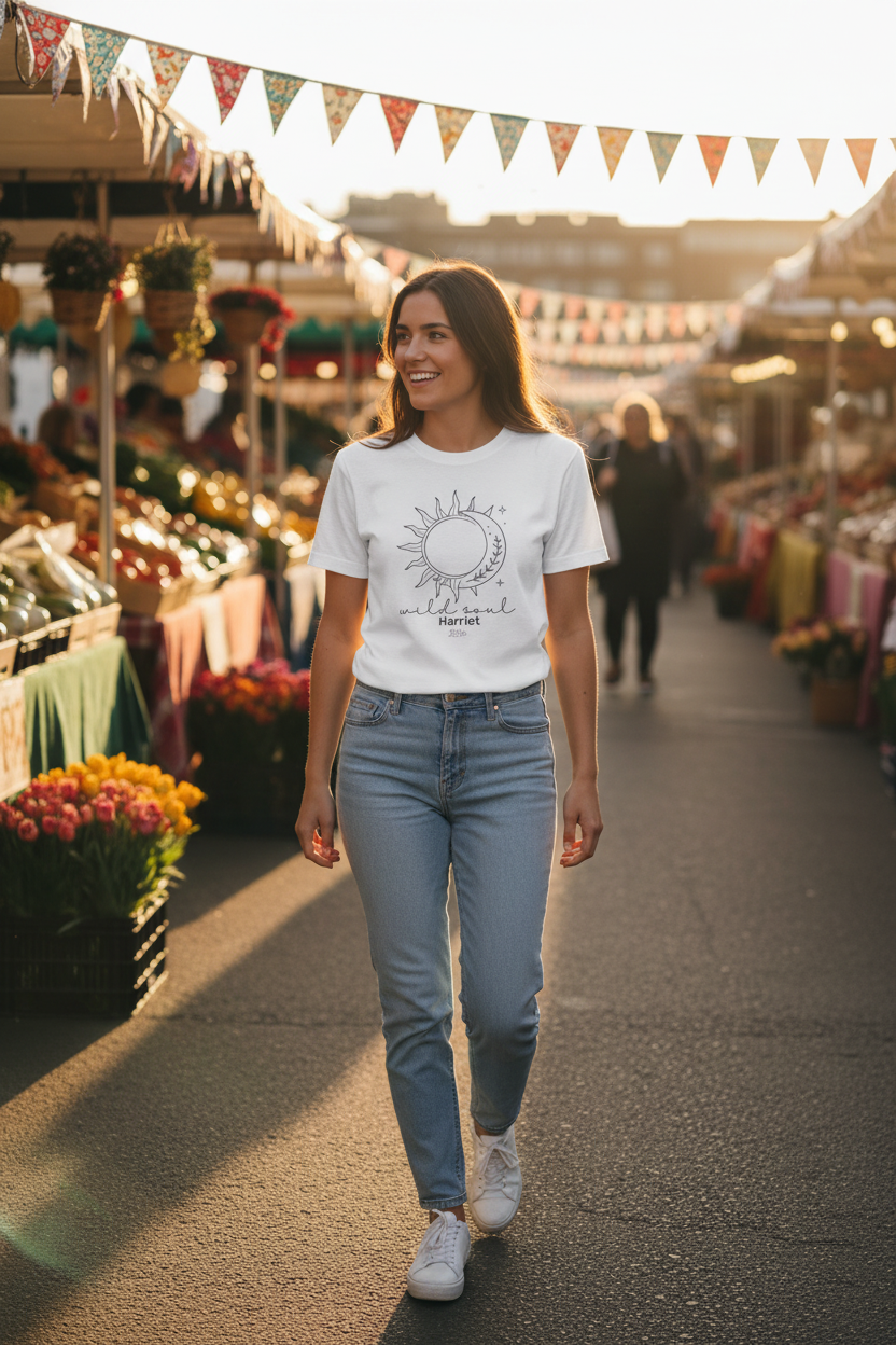 White graphic T-shirt with sun-and-moon emblem and 'wild soul Harriet 2026'