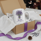 White ceramic mug with lavender bouquet graphic and name Rosie in gift box