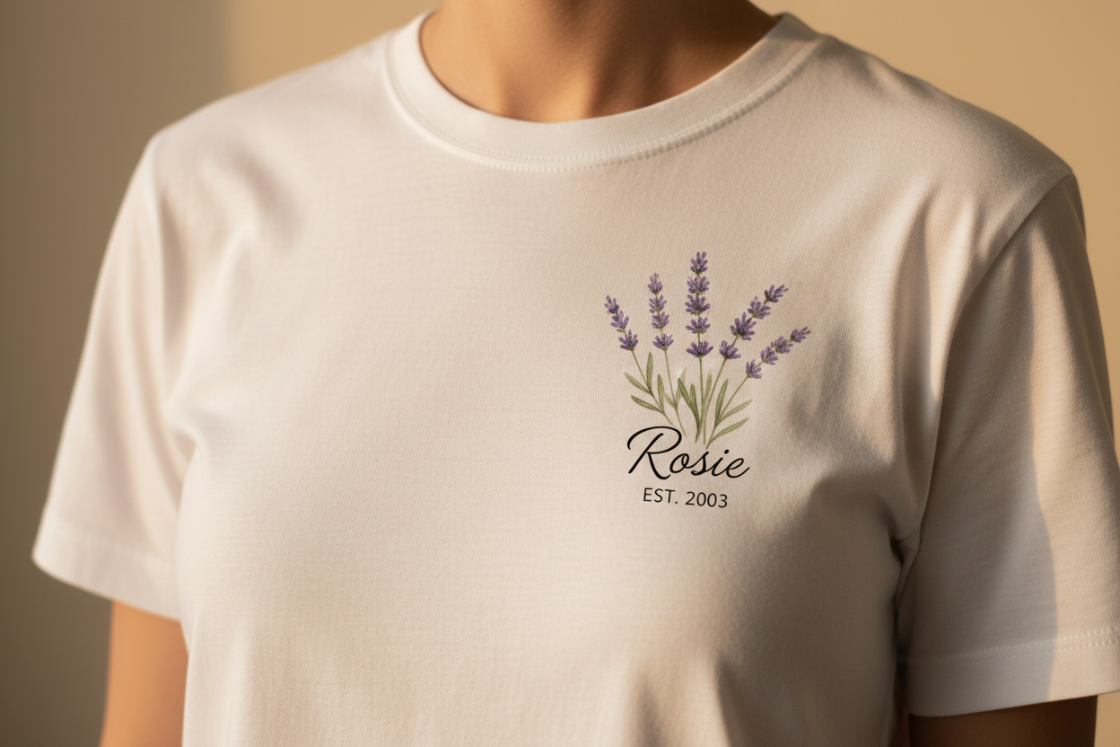 Personalised lavender sprig t-shirt chest print close-up showing name Rosie EST. 2003 — custom name botanical gift UK
