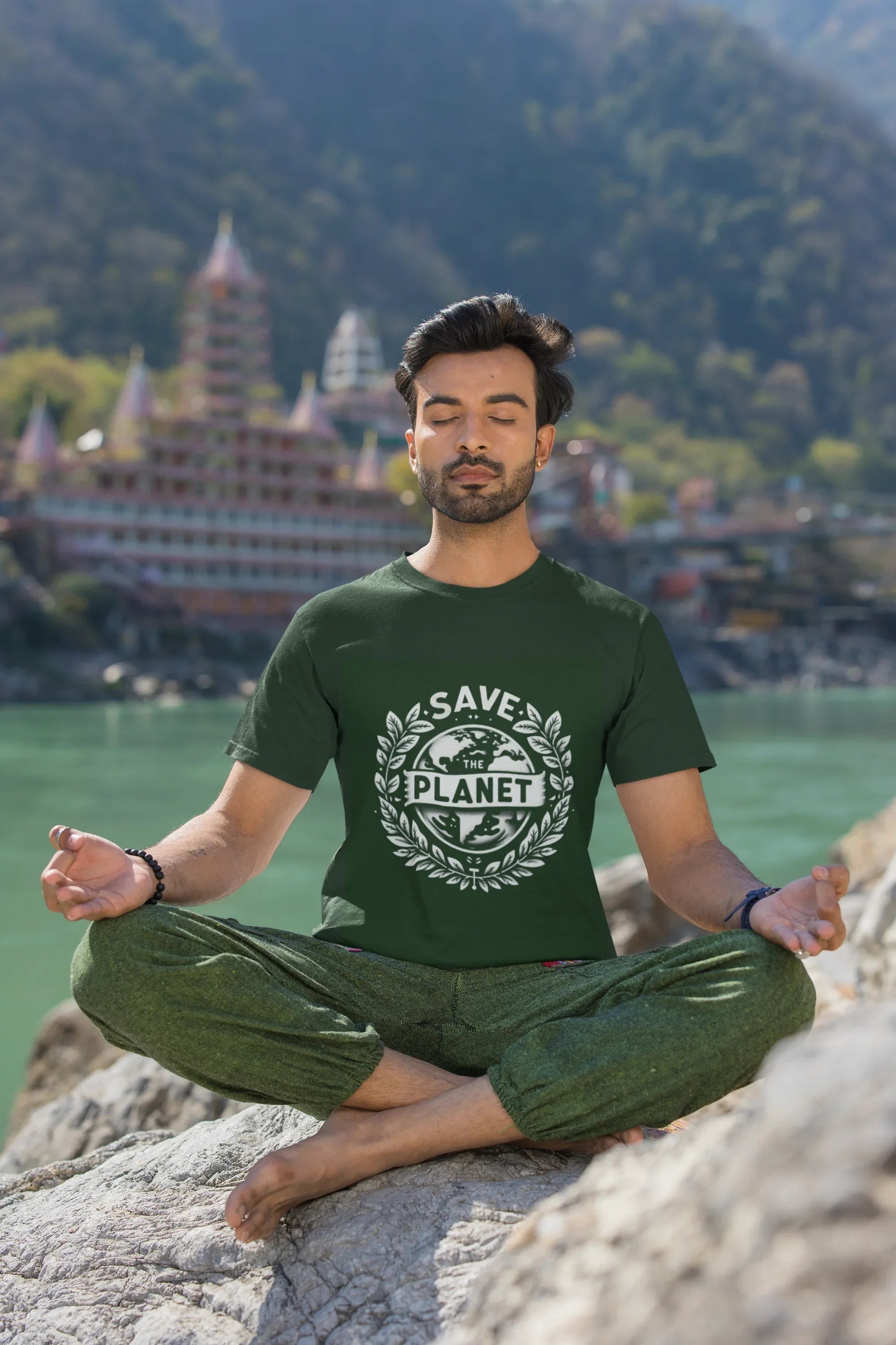 Forest green T-shirt with white 'Save the Planet' circular logo