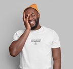 White crewneck T-shirt with 'Keep calm my birthday' chest text graphic